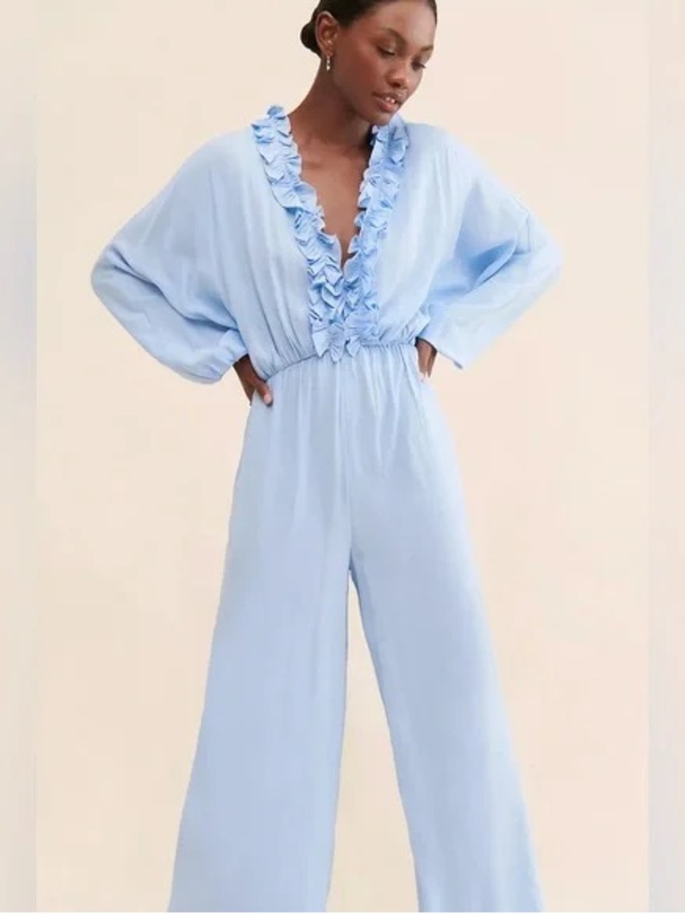 ELLIATT ANTHROLight Blue Ruffle V-Neck Wide-Leg Jumpsuit